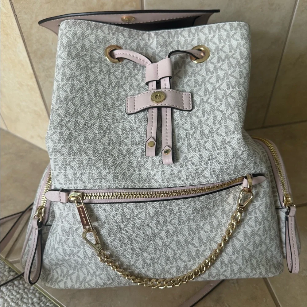 MICHAEL Michael Kors Pink and Cream Backpack with Signature MK Pattern - Picture 2 of 8